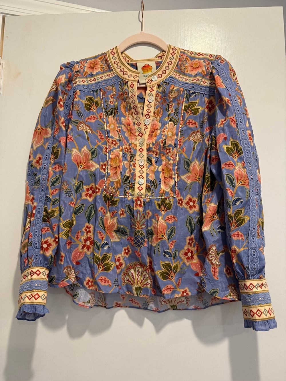 Farm Rio Blue Floral Pintuck Peasant silk Blouse